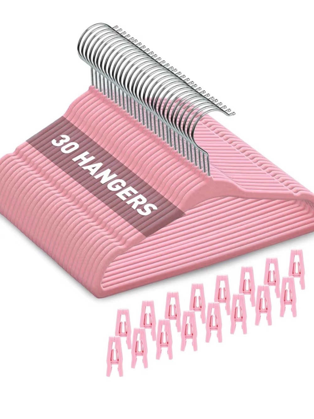Set of 30 Pink Velvet Baby Slim Hangers with Clips